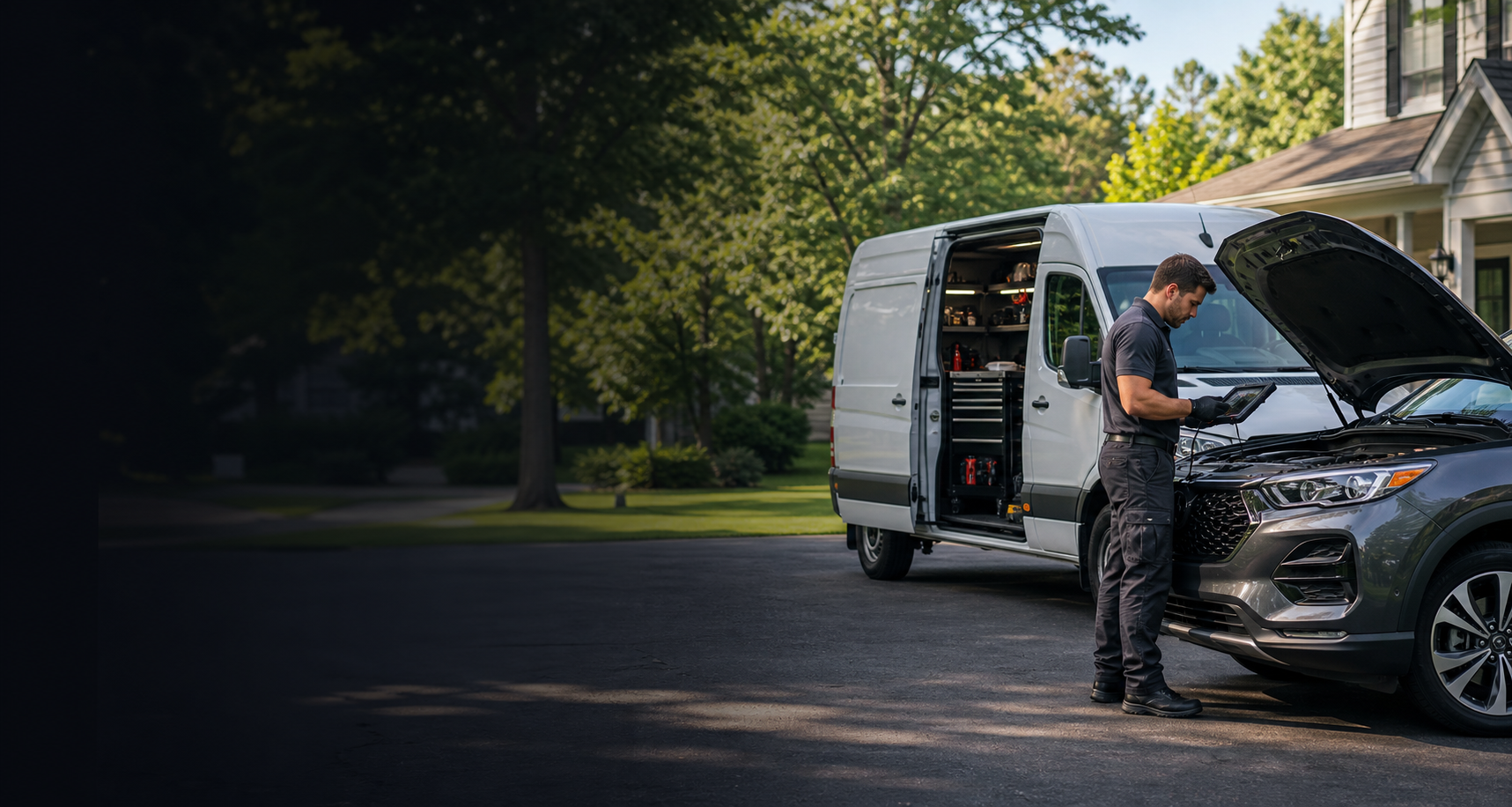 Mobile automotive repair technician diagnosing an SUV in a driveway